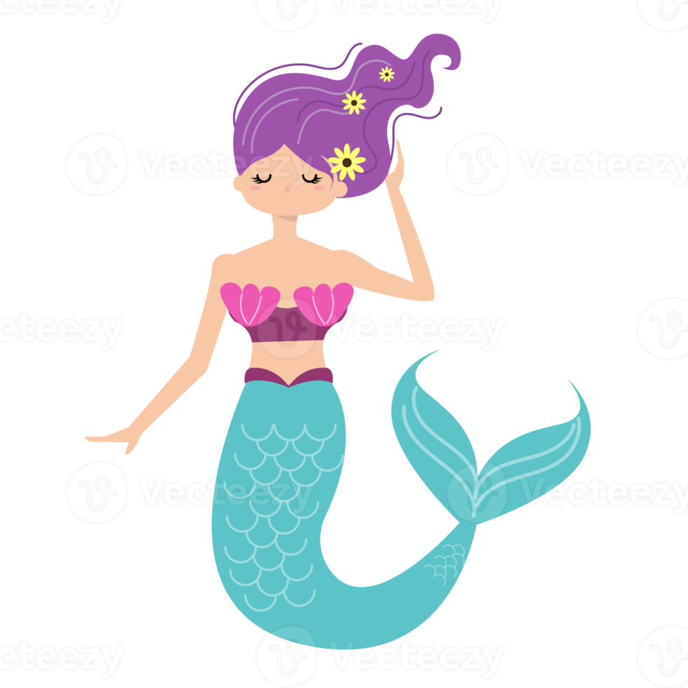 Cute young Mermaid with Fish Tail cartoon element png