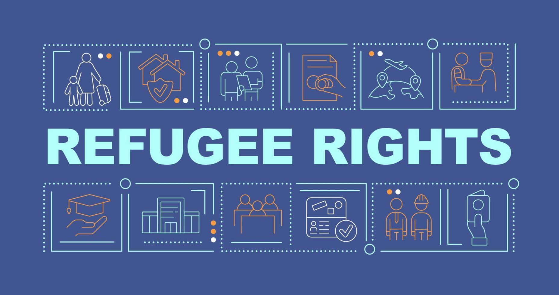 Refugee rights word concepts dark blue blue banner. International protection. Infographics with icons on color background. Isolated typography. Vector illustration with text.