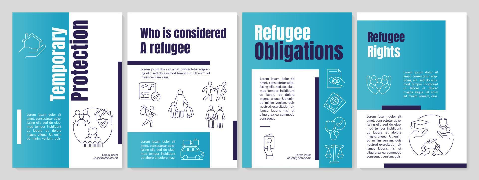 Refugee rights and duties blue brochure template. Helping refugees. Leaflet design with linear icons. 4 vector layouts for presentation, annual reports.