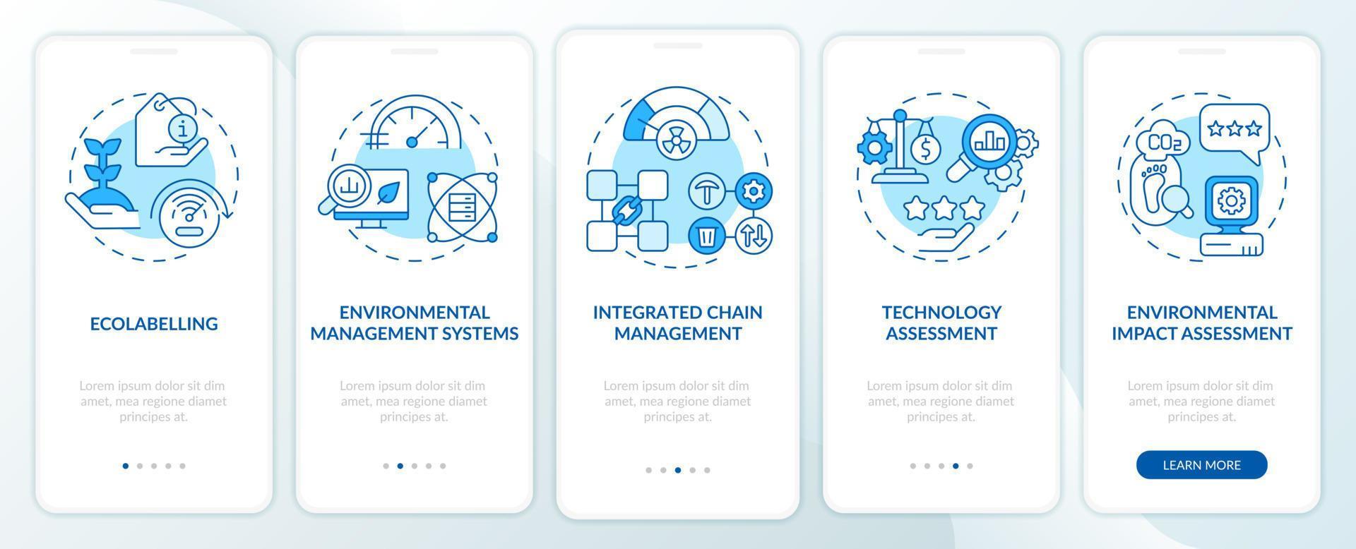 herramientas de ecología industrial pantalla de aplicación móvil de incorporación azul. Recorrido por el ecosistema Páginas de instrucciones gráficas de 5 pasos con conceptos lineales. interfaz de usuario, ux, plantilla de interfaz gráfica de usuario. vector