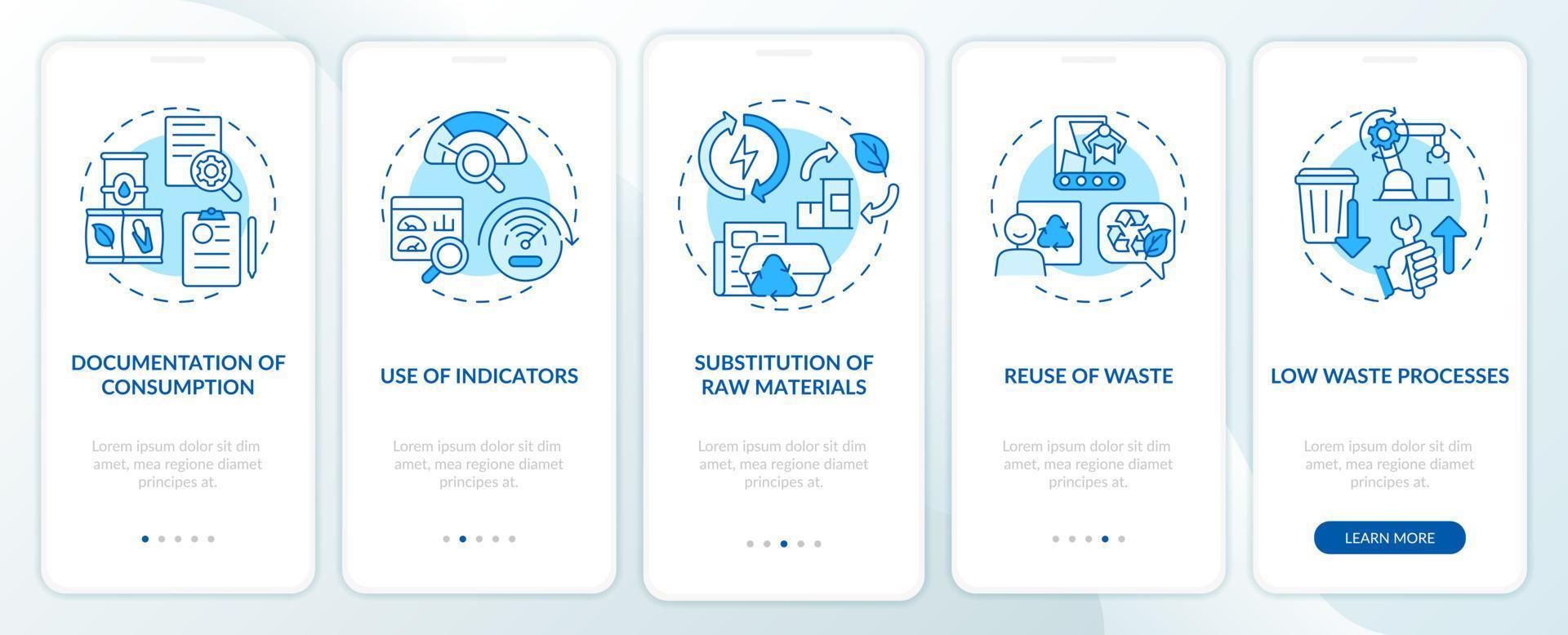 Cleaner production options blue onboarding mobile app screen. Industry walkthrough 5 steps graphic instructions pages with linear concepts. UI, UX, GUI template. vector