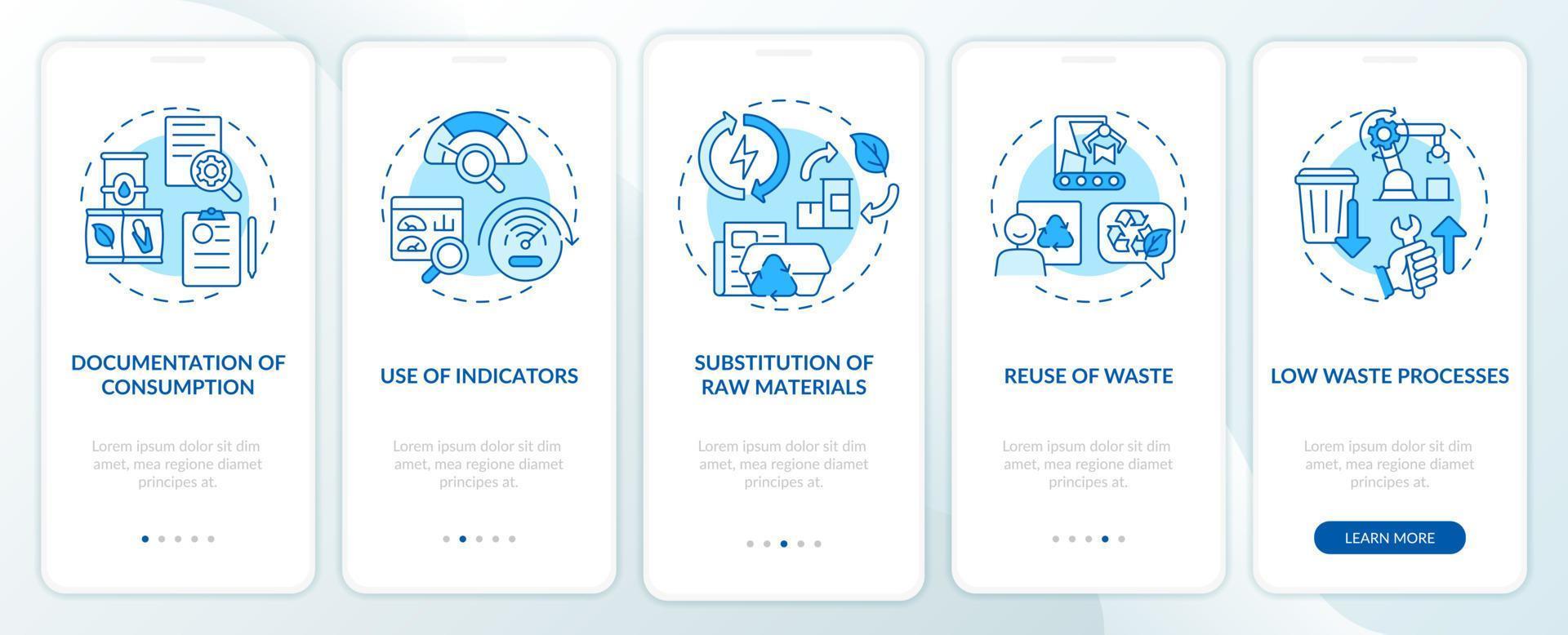 opciones de producción más limpia pantalla azul de incorporación de la aplicación móvil. tutorial de la industria 5 pasos páginas de instrucciones gráficas con conceptos lineales. interfaz de usuario, ux, plantilla de interfaz gráfica de usuario. vector