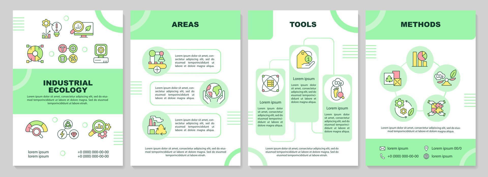 Industrial ecology ways green brochure template. Responsive production. Leaflet design with linear icons. 4 vector layouts for presentation, annual reports.