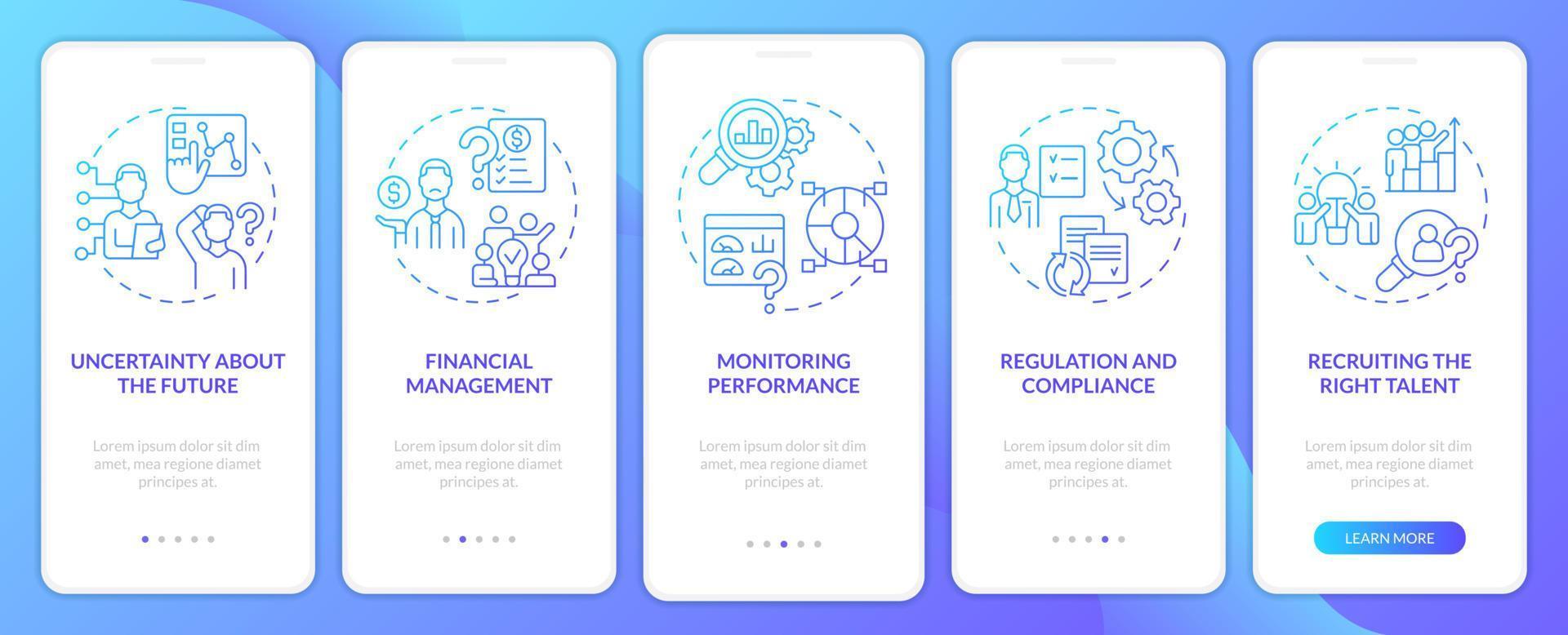 Desafíos que enfrenta la pantalla de la aplicación móvil de incorporación de degradado azul empresarial. tutorial 5 pasos páginas de instrucciones gráficas con conceptos lineales. interfaz de usuario, ux, plantilla de interfaz gráfica de usuario. vector