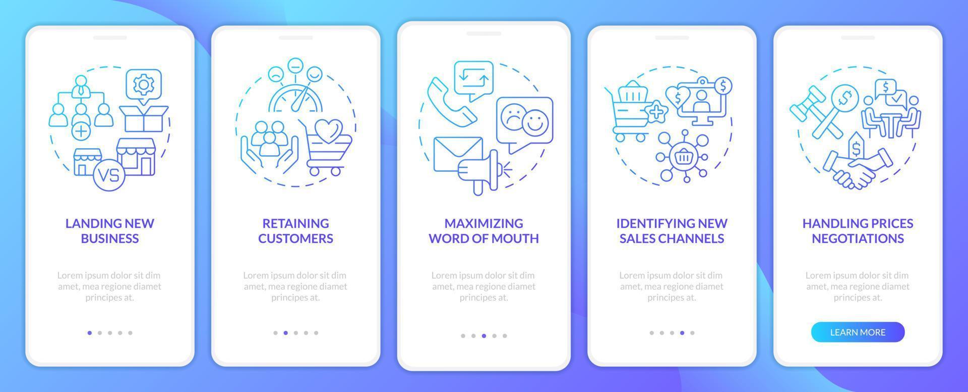 Business sales complications blue gradient onboarding mobile app screen. Walkthrough 5 steps graphic instructions pages with linear concepts. UI, UX, GUI template. vector