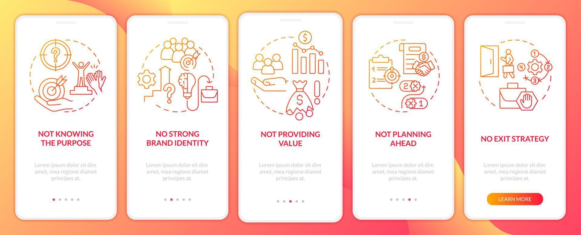 Problems faced by new startups red gradient onboarding mobile app screen. Walkthrough 5 steps graphic instructions pages with linear concepts. UI, UX, GUI template. vector