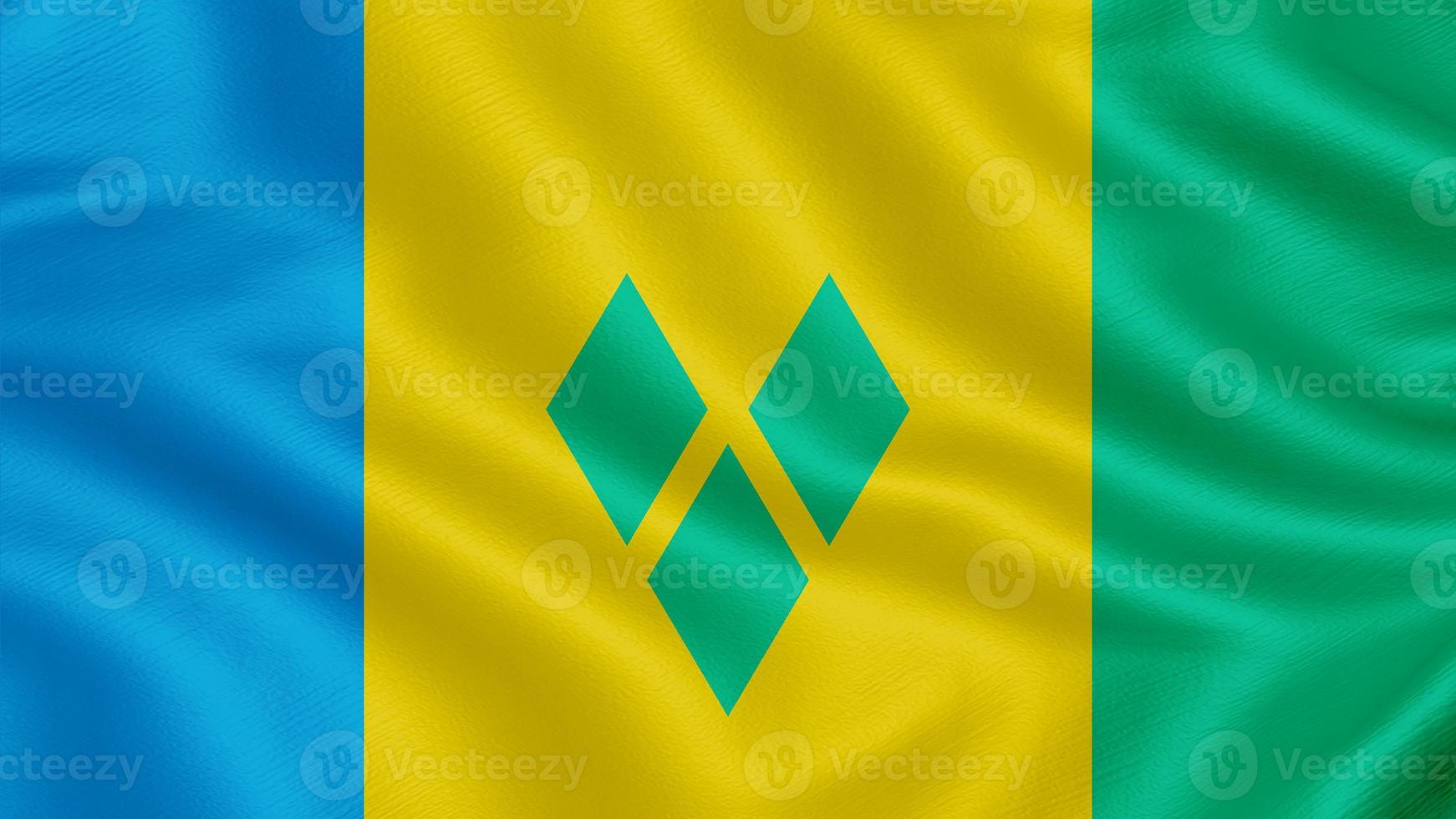 Flag of Saint Vincent and the Grenadines. Realistic Waving Flag 3d Render Illustration with Highly Detailed Fabric Texture. photo