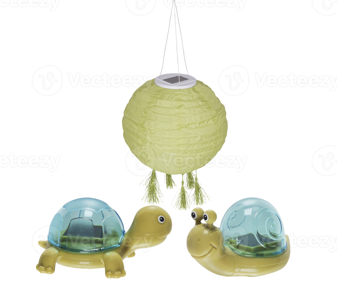 snail with turtle, plastic toy and lamp isolated on white background with cut out png