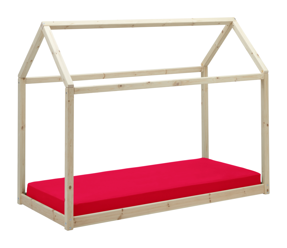 Maison en bois pour enfants avec futon rouge isolé sur fond blanc avec un tracé de détourage png