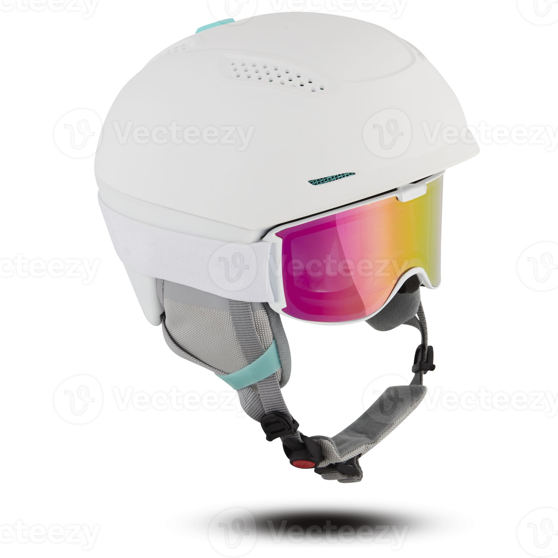 Sports hats, helmets, goggles, snow, skis isolated on white background