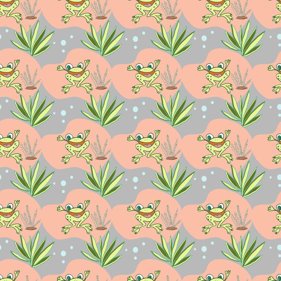 Vector seamless nursery pattern. Tropical plants, funny frogs.