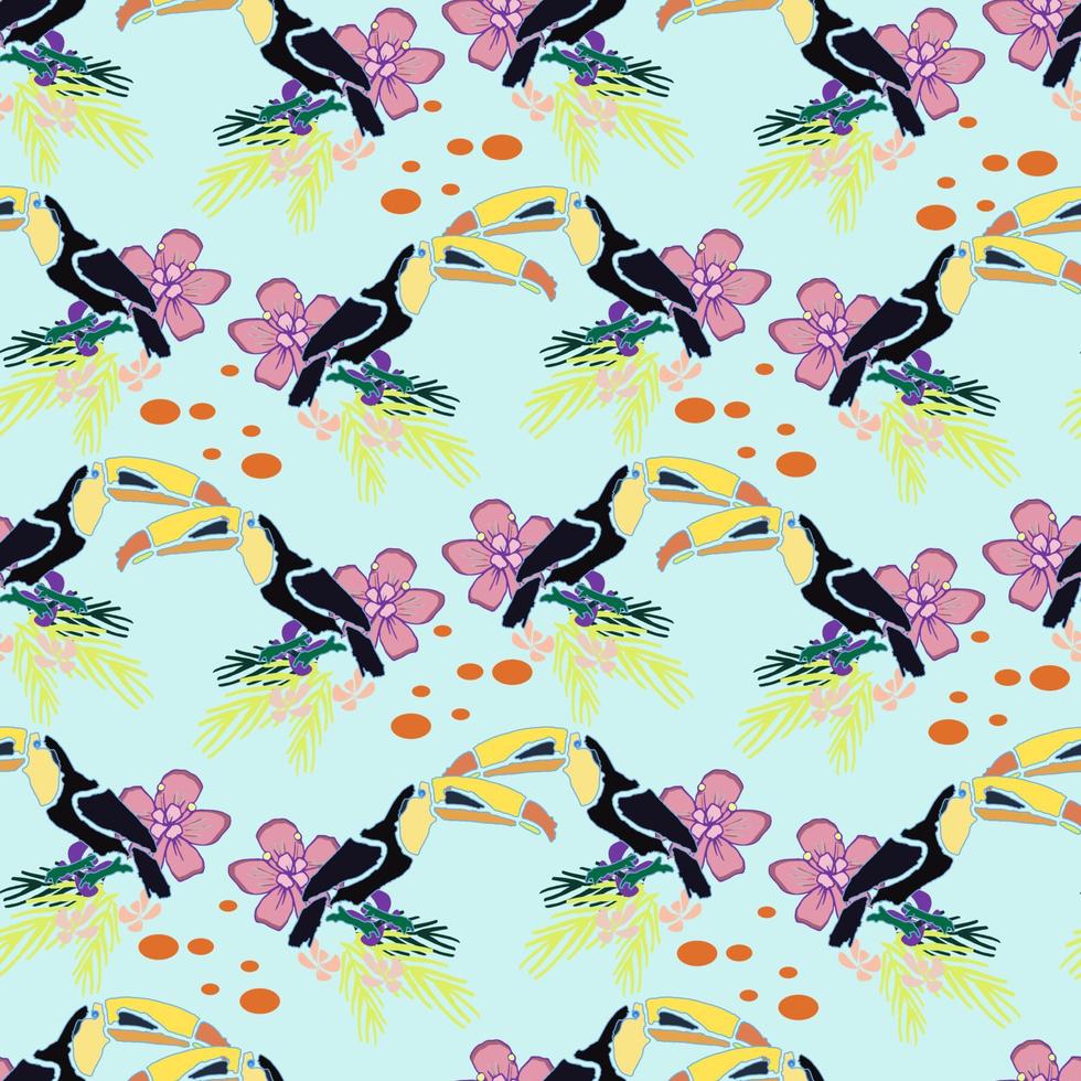 Vector seamless tropical background with toucan bird , palm leaves and exotic flowers. Nursery background.