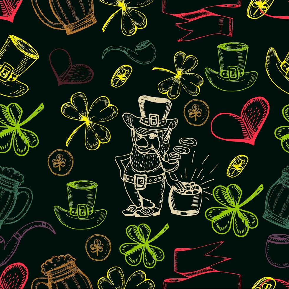 Hand drawn vector seamless pattern. St. Patrick's Day. Doodles.