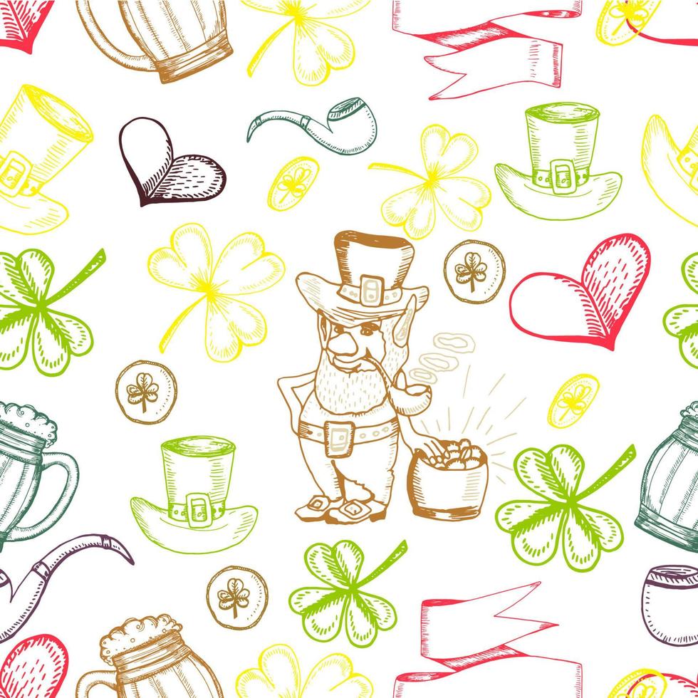 Hand drawn vector seamless pattern. St. Patrick's Day. Doodles.