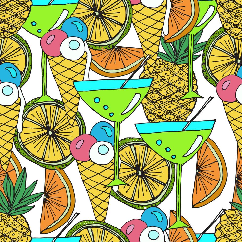 Hand drawn vector pattern. Summer vacation. Cocktails, ice cream, fruits. Beach party. Seamless background for baby textile, surface, home interior, cover, fabric, wallpapers, print, gift wrap, cards.