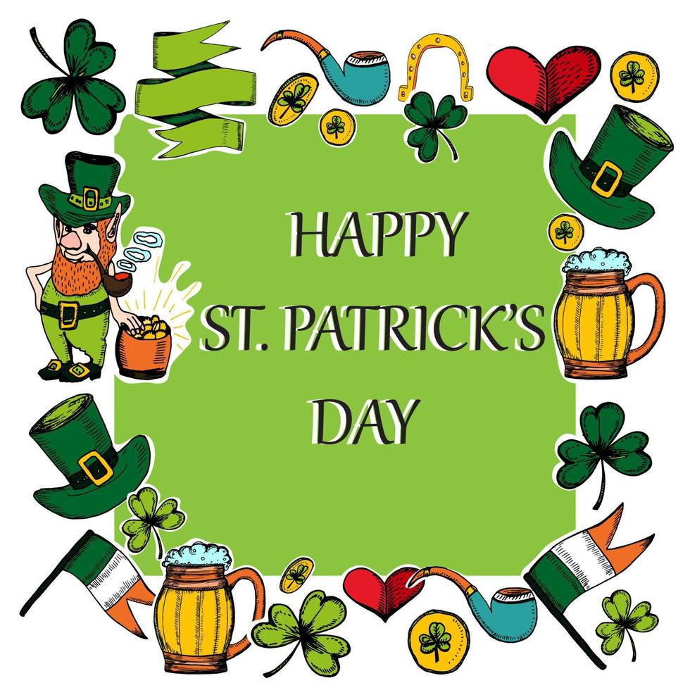 Hand drawn vector St. Patrick's Day greeting card. Doodles.