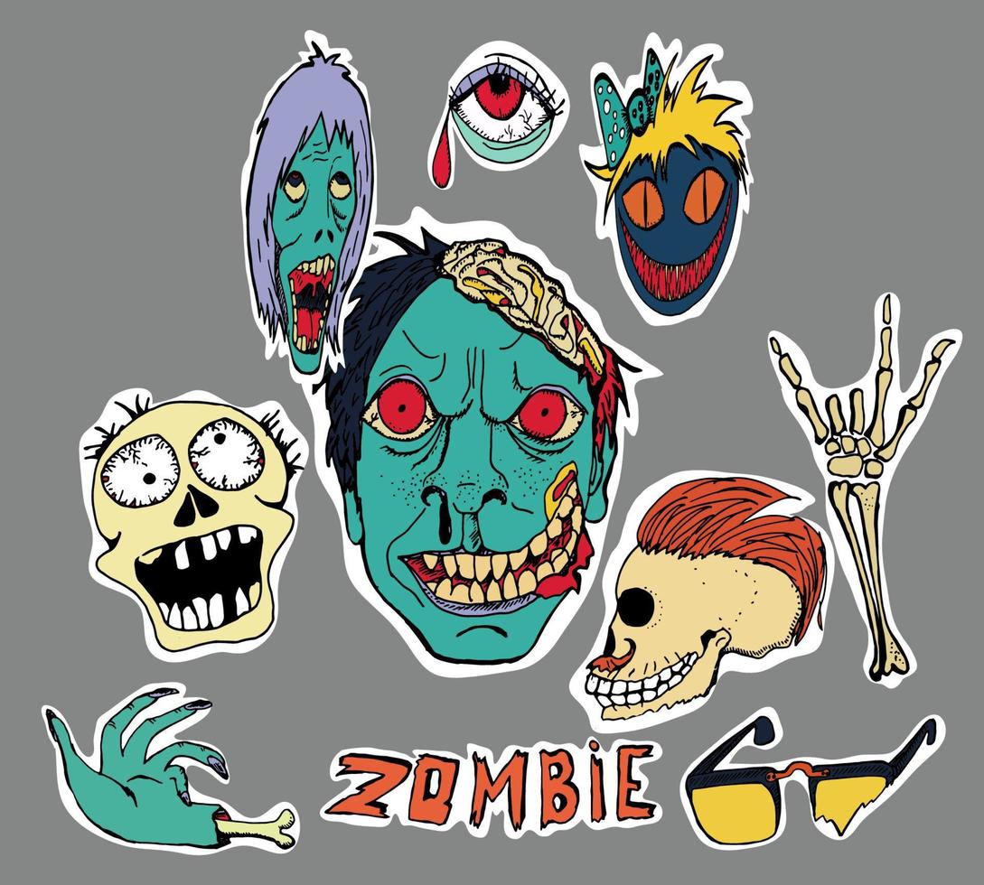 Cute embroidery patches and stickers collection. Zombie. Hand drawn vector sketches.  Vector skulls.