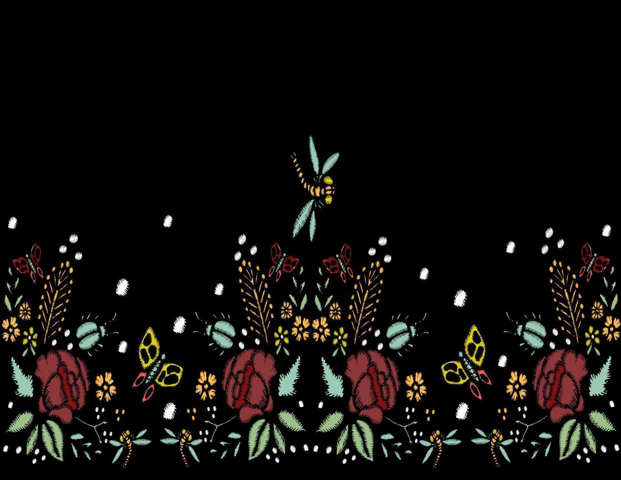 puntadas de bordado con rosas, flores de pradera, libélulas, mariposas, escarabajos. ilustración de moda vectorial dibujada a mano. borde floral. sobre fondo negro. para tela, decoración textil. vector