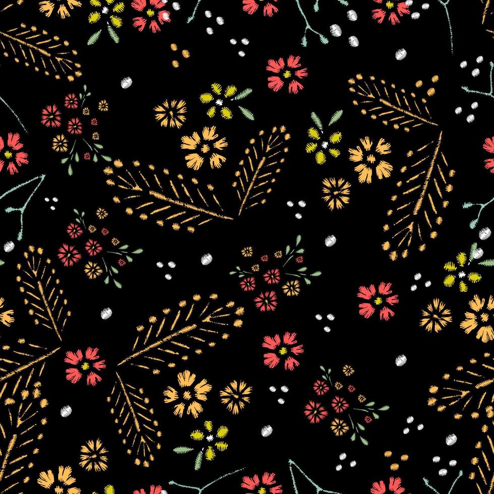 puntadas de bordado con rosas, flores de pradera, libélulas, mariposas, escarabajos. patrón sin costuras de moda vectorial dibujado a mano sobre fondo negro. para tela, decoración textil. vector