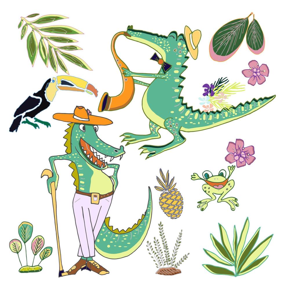 cocodrilos -músicos de jazz, rana, plantas tropicales. lindo conjunto de vivero vectorial de animales tropicales. vector