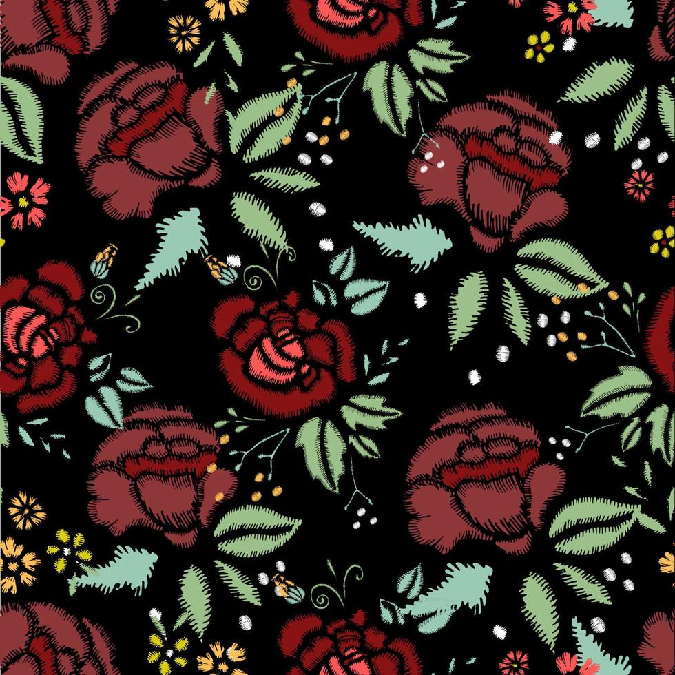 Embroidery Stitches With Roses, Meadow Flowers, Dragonflies, Butterflies, Beetles. Hand Drawn Vector Fashion Seamless Pattern On Black Background. For Fabric, Textile Decoration.