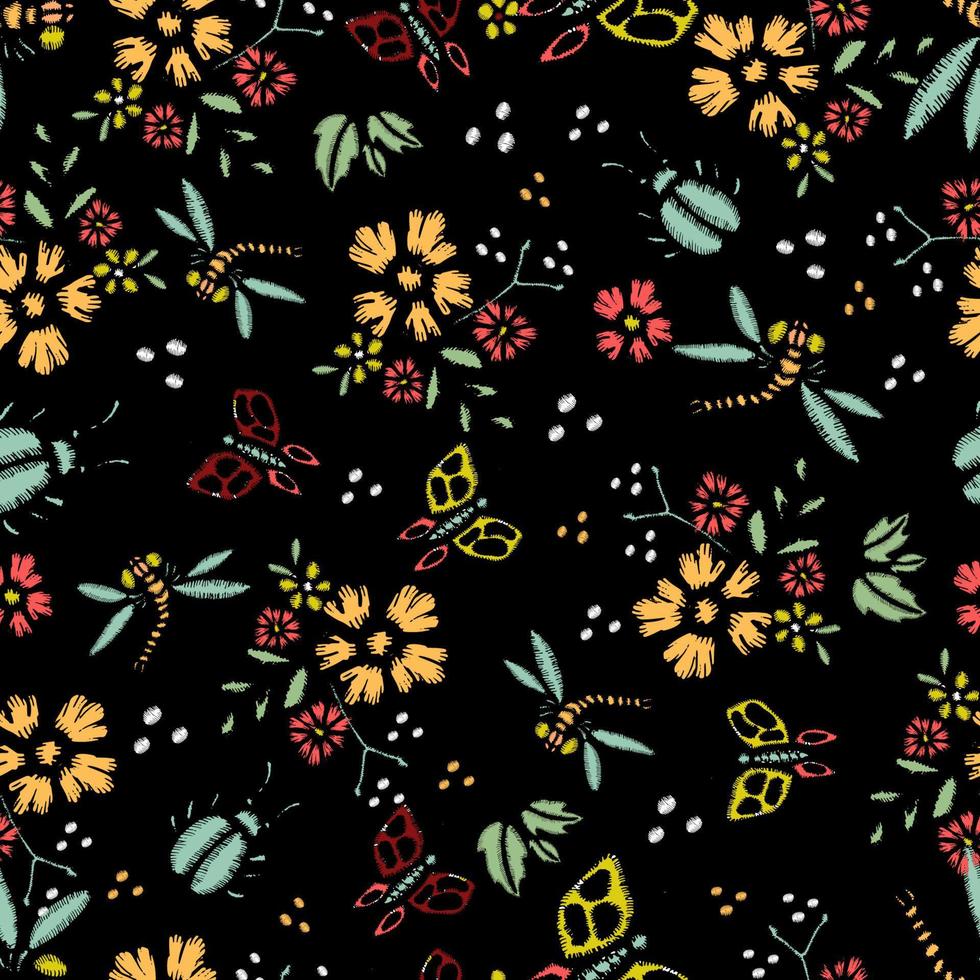 Embroidery Stitches With Roses, Meadow Flowers, Dragonflies, Butterflies, Beetles. Hand Drawn Vector Fashion Seamless Pattern On Black Background. For Fabric, Textile Decoration.