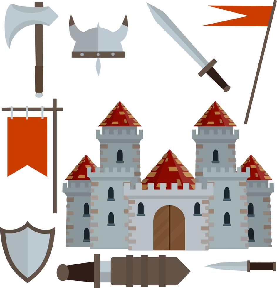 castillo medieval con torre, muralla, puerta, techo rojo. conjunto de armas antiguas de caballero - espada en vaina, flecha, escudo, bandera, hacha, daga. armaduras y armas históricas europeas. ilustración plana de dibujos animados vector