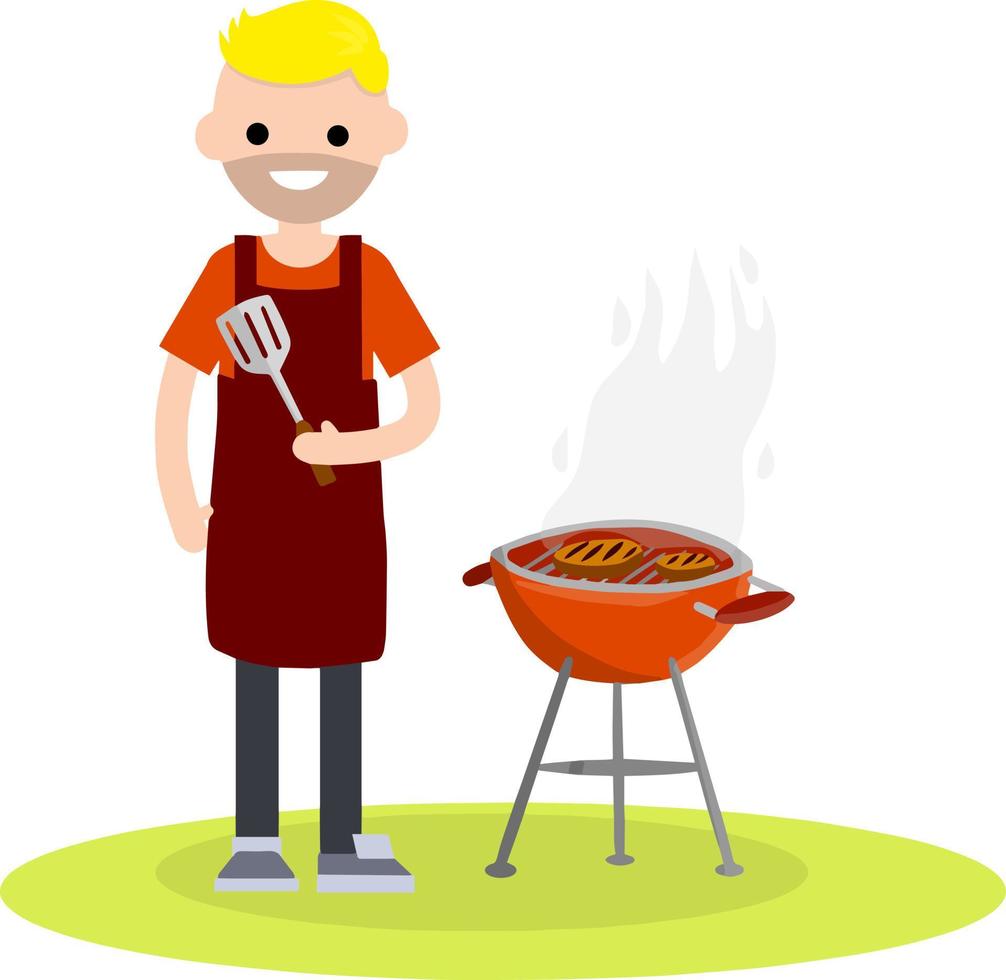 Man prepares barbecue meat on a grill over fire. vector