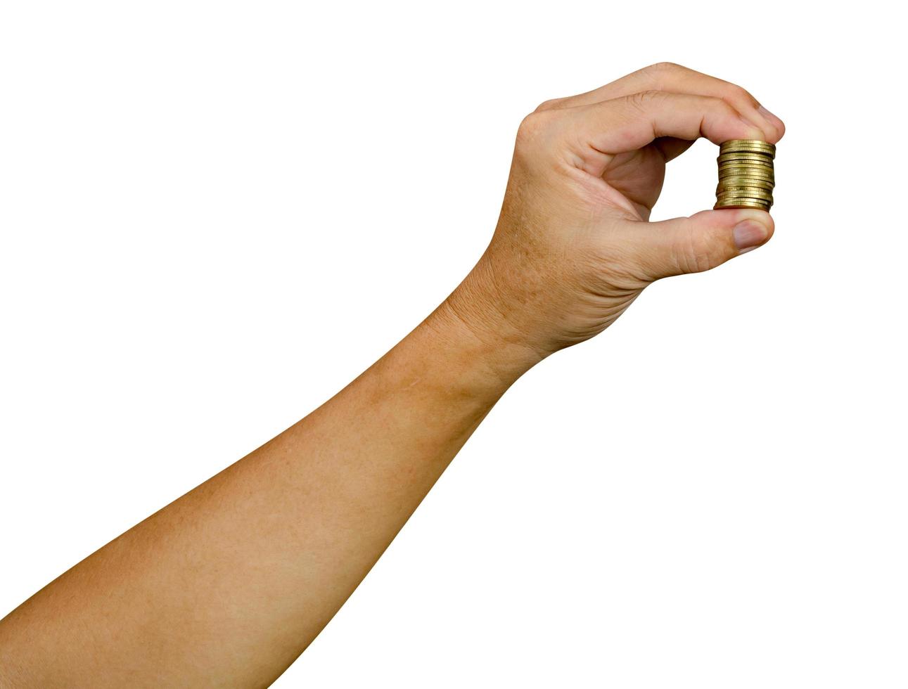 male hand holding coin,saving money of business concept,isolated on white background,include clipping path photo