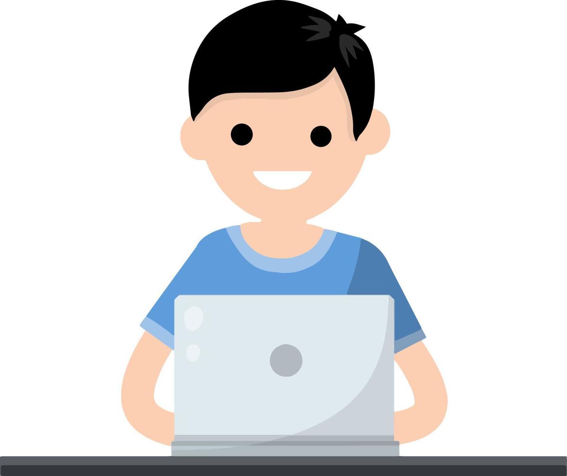 Man is sitting at table with laptop. Training and education. Work as programmer and freelance. Young man. Hobbies and entertainment. Cartoon flat illustration. vector
