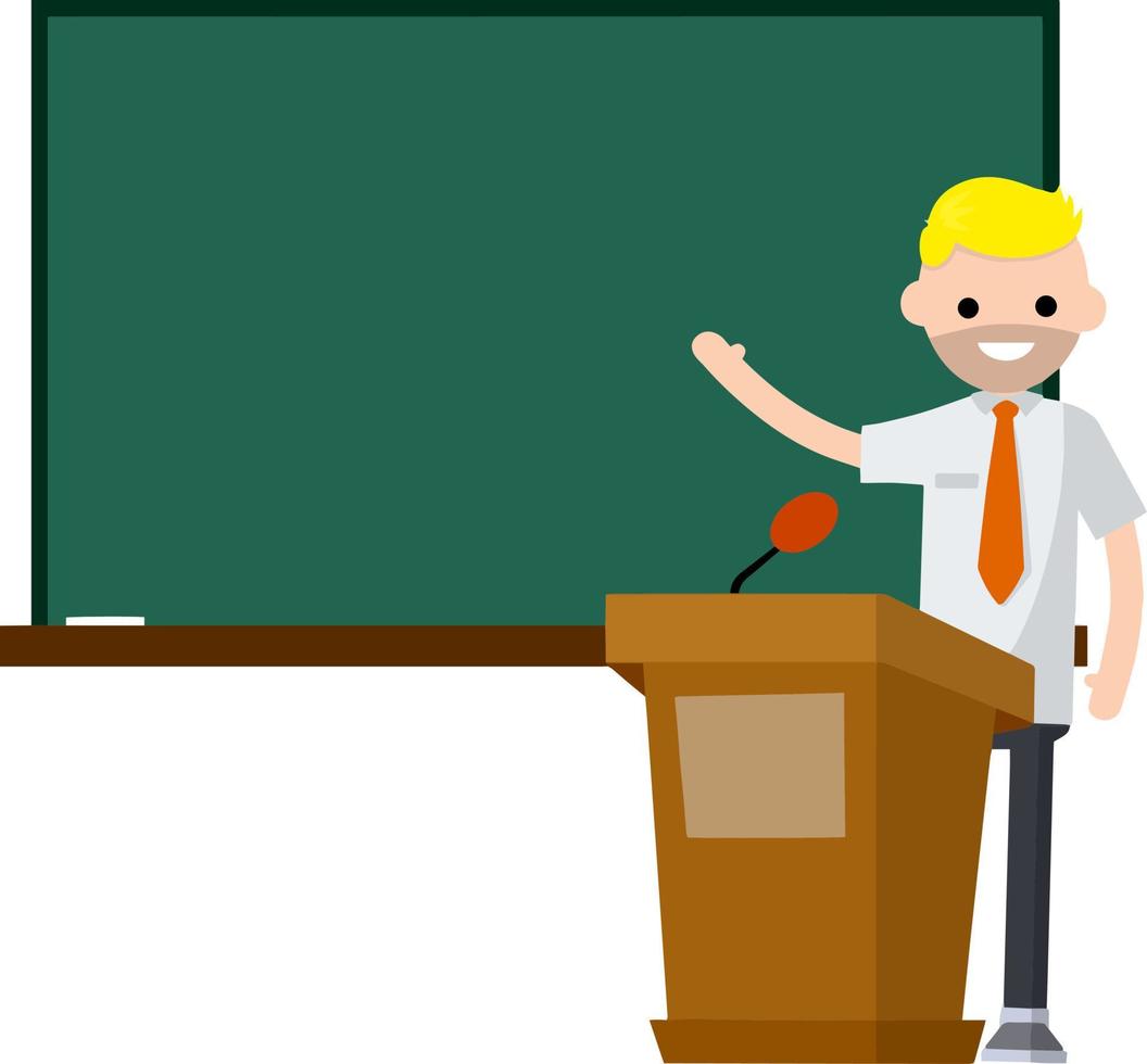 School teacher stands near blackboard. vector