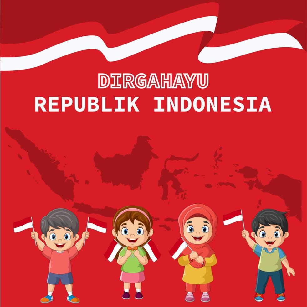 Happy independence day. Group of children holding an Indonesian flags vector