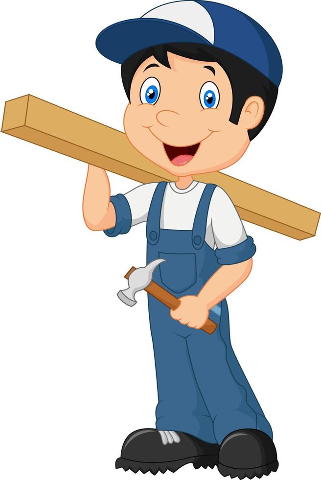 Cartoon carpenter carrying a wooden holding a hammer vector