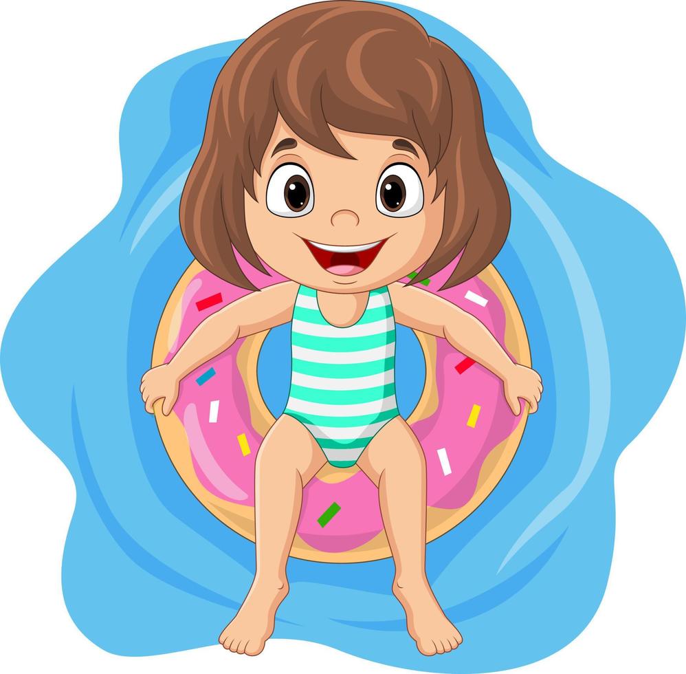 Cartoon little girl floating with inflatable ring vector