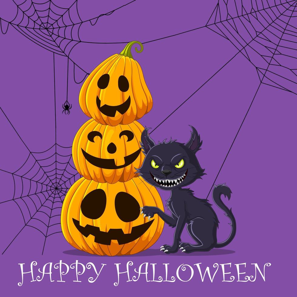 Halloween background with spooky pile of pumpkins and black cat vector