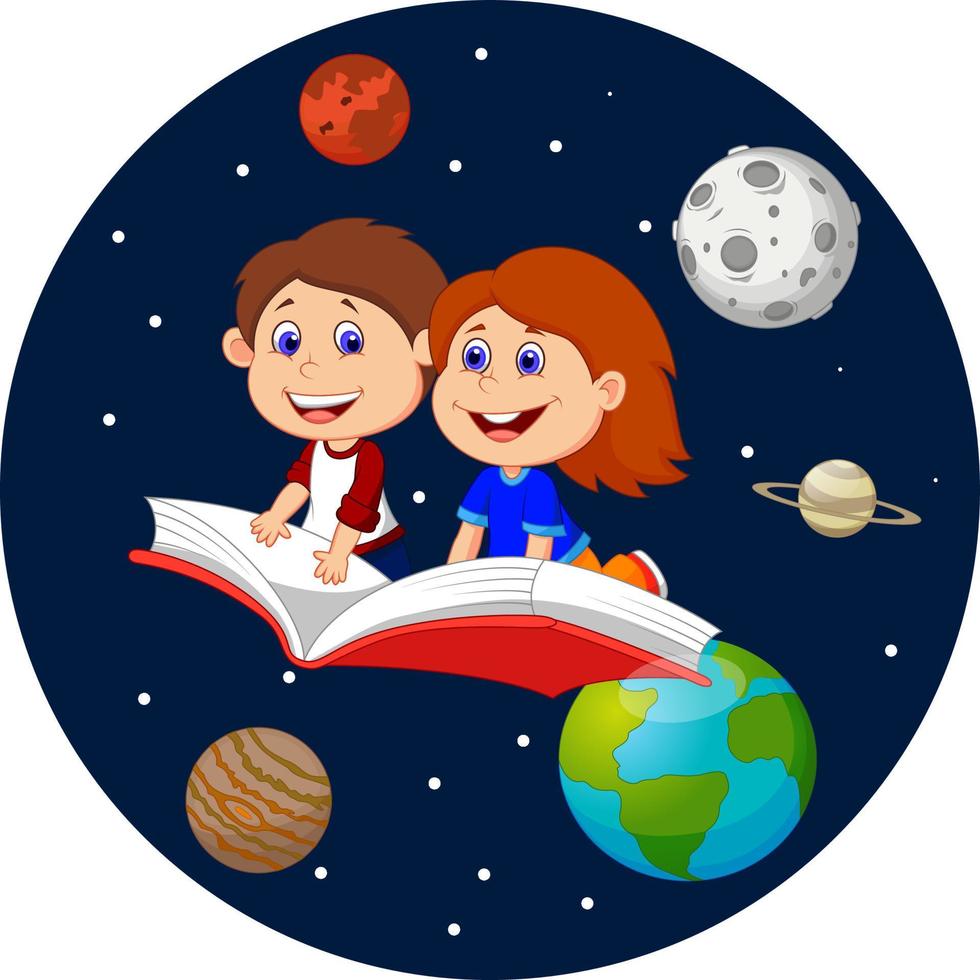 niños felices de dibujos animados volando en un libro en el espacio ultraterrestre vector