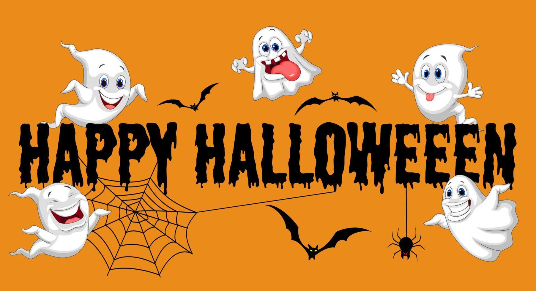 feliz Halloween. fantasmas divertidos volando sobre fondo naranja vector