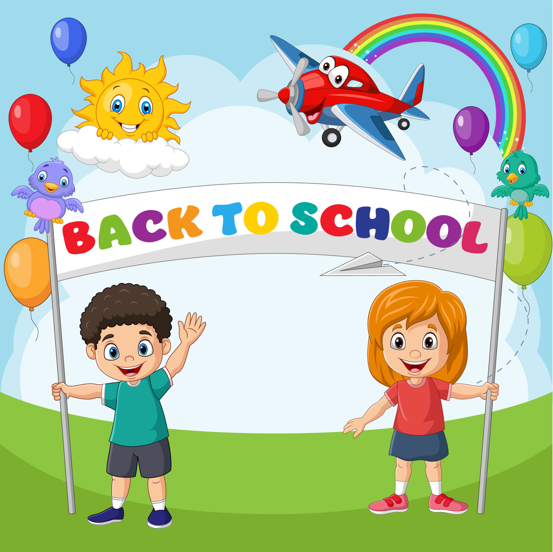Back to school. Happy children holding a banner 9339728 Vector Art at  Vecteezy