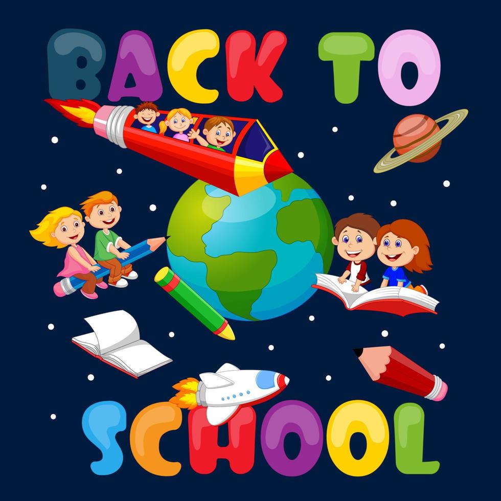 Back to school. Happy kids flying in space travel vector