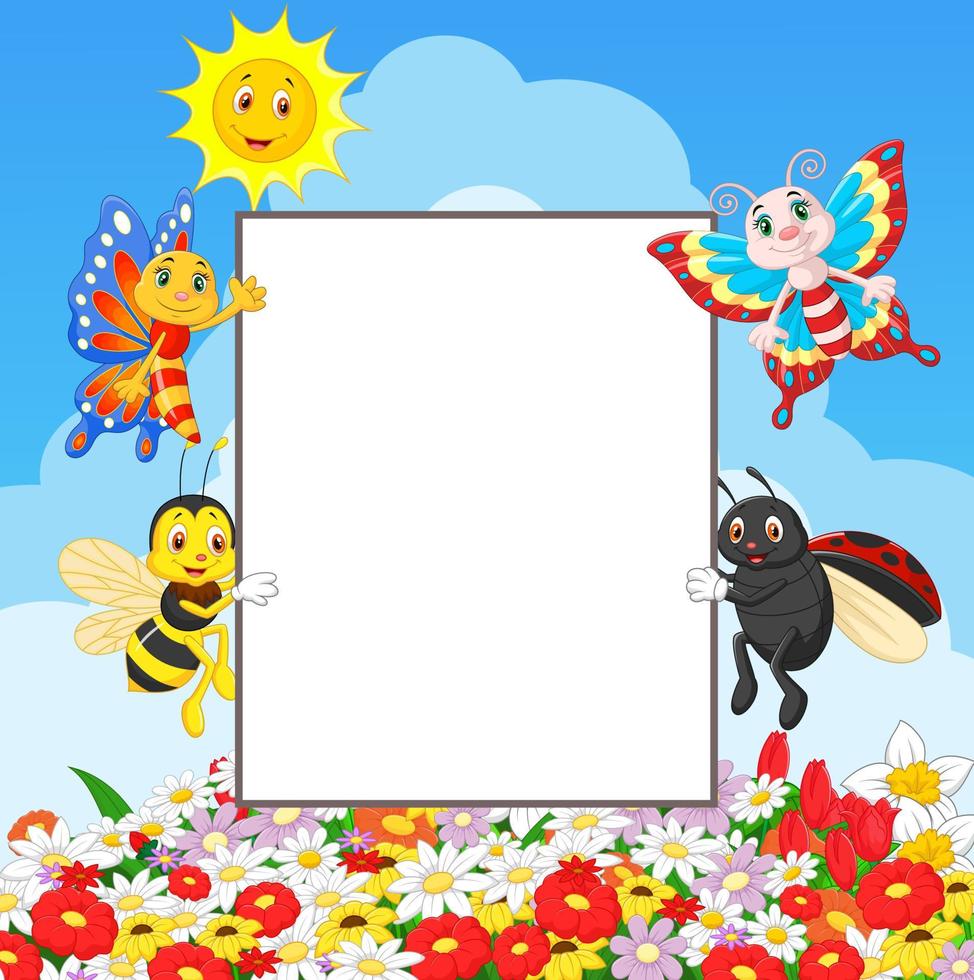 Cute insects cartoon holding blank sign vector