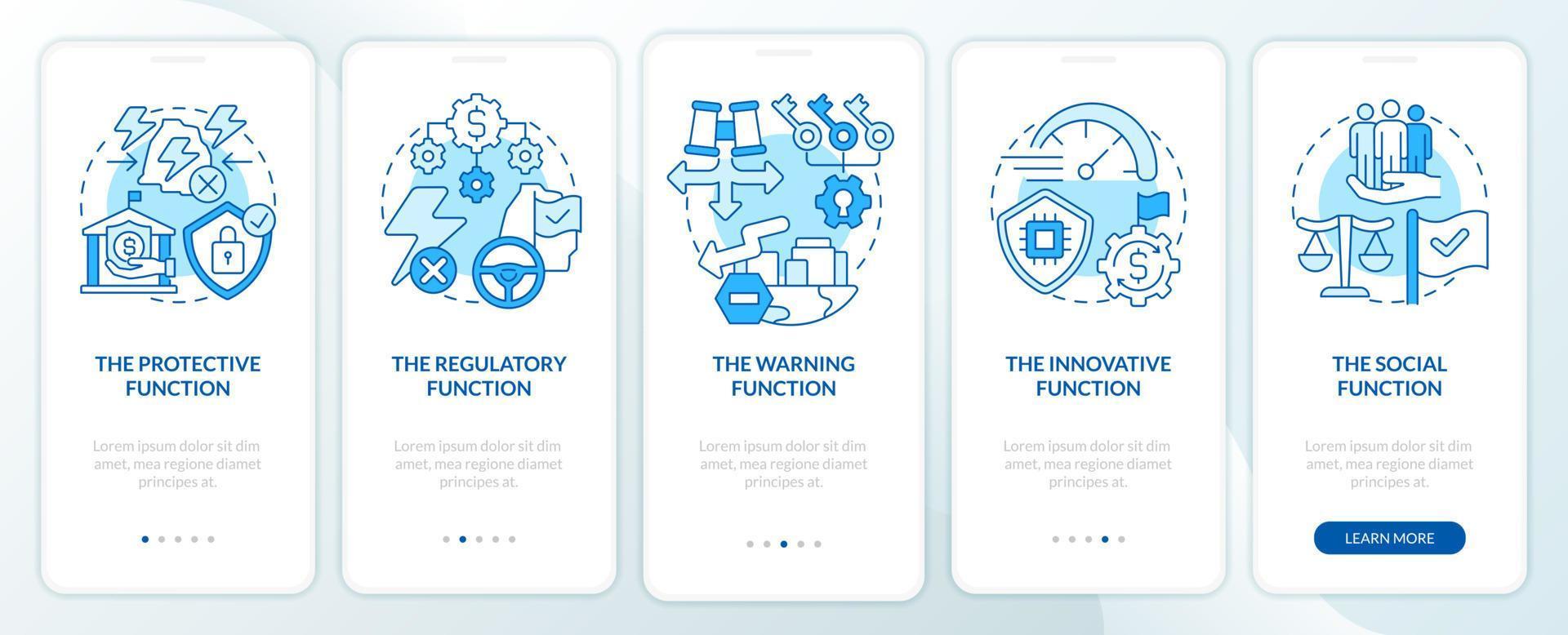 Economic security functions blue onboarding mobile app screen. Protection walkthrough 5 steps graphic instructions pages with linear concepts. UI, UX, GUI template. vector