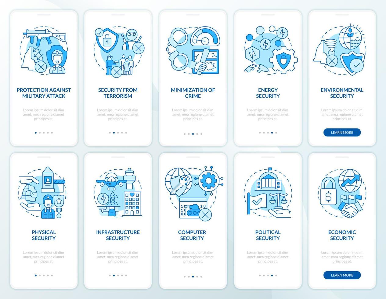 National and international safety blue onboarding mobile app screen set. Walkthrough 5 steps graphic instructions pages with linear concepts. UI, UX, GUI template. vector