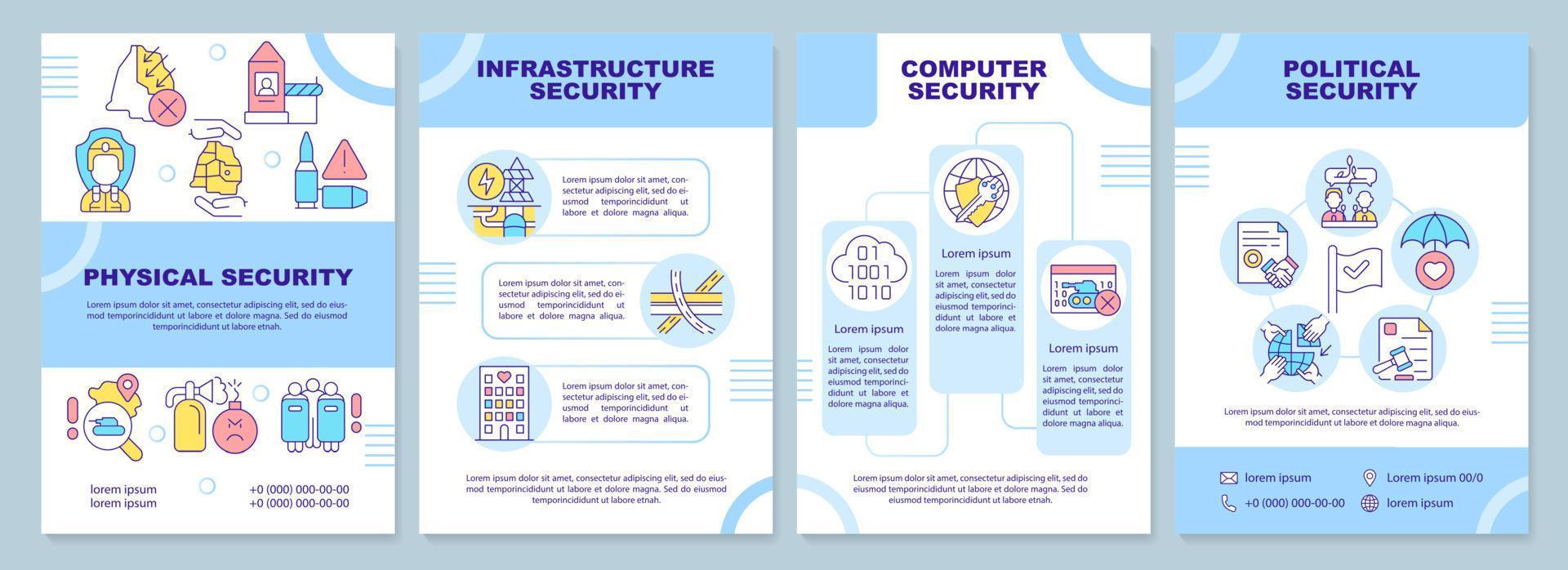 National security components blue brochure template. Homeland safety. Leaflet design with linear icons. 4 vector layouts for presentation, annual reports.