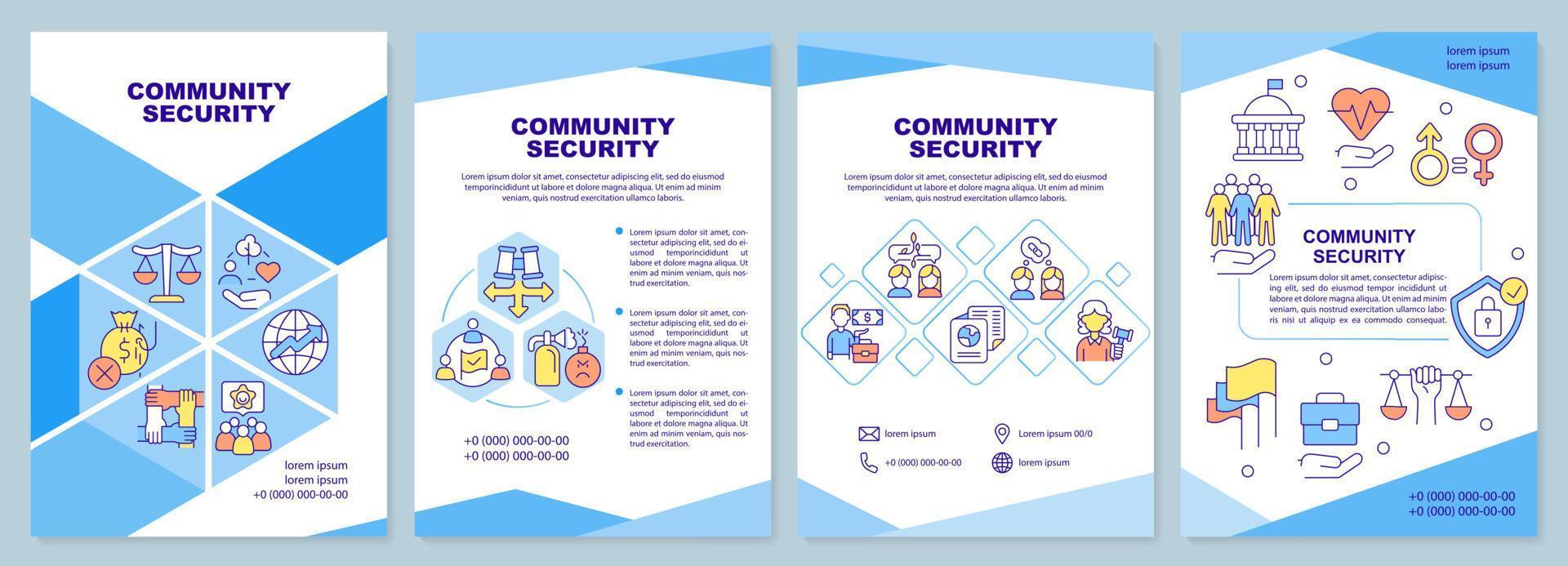 Community security blue brochure template. Ethnic group. Leaflet design with linear icons. 4 vector layouts for presentation, annual reports.