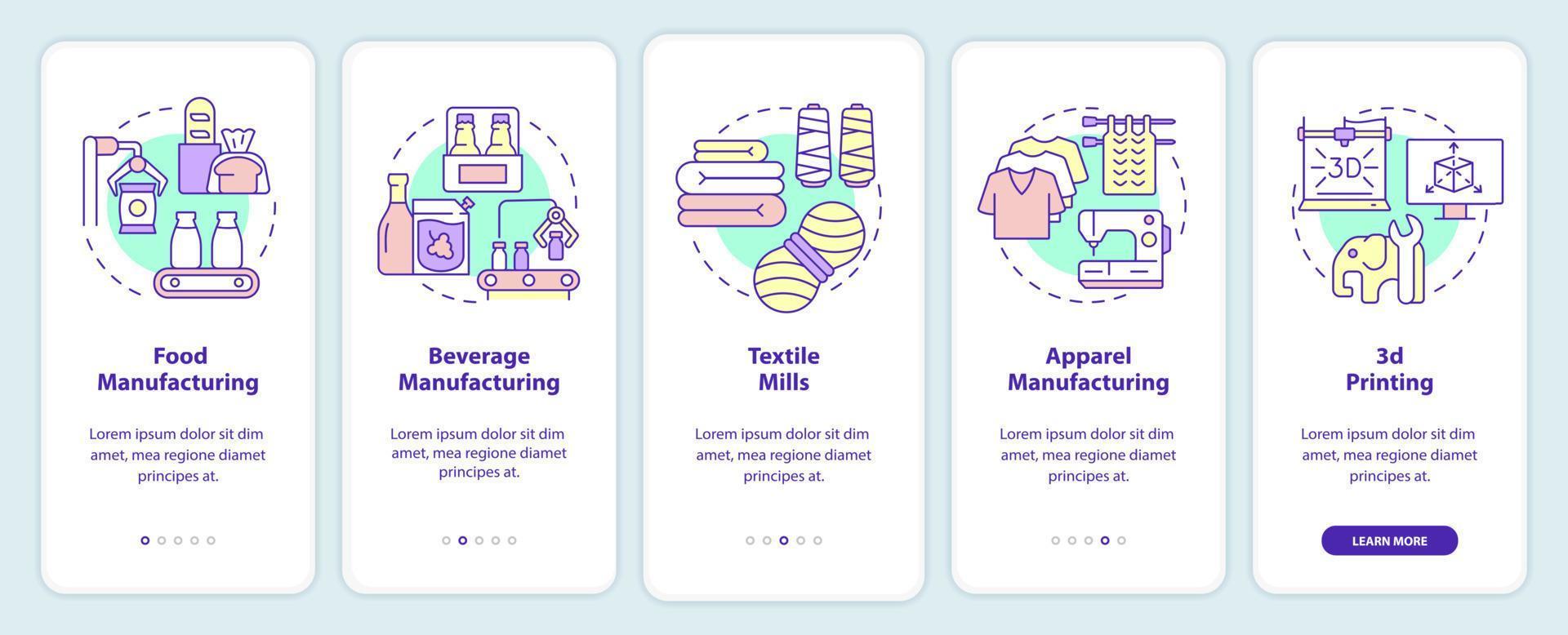 Manufacturing sub sectors onboarding mobile app screen. Walkthrough 5 steps graphic instructions pages with linear concepts. UI, UX, GUI template. vector