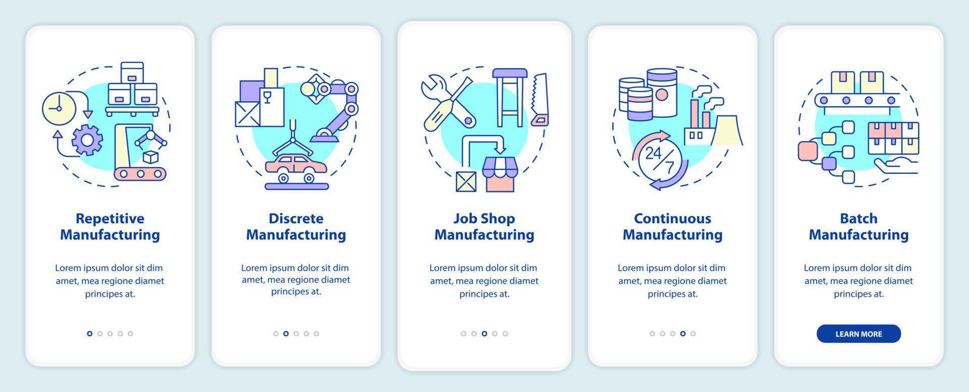 Types of manufacturing processes onboarding mobile app screen. Walkthrough 5 steps graphic instructions pages with linear concepts. UI, UX, GUI template. vector