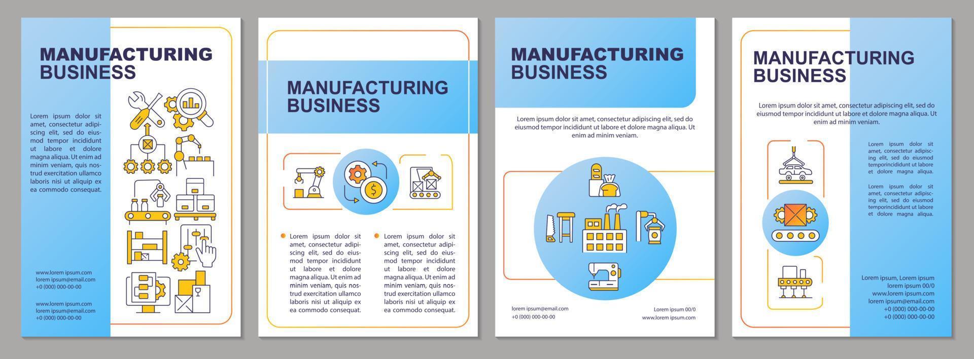 plantilla de folleto azul de negocios de fabricación. producción de bienes. diseño de folletos con iconos lineales. 4 diseños vectoriales para presentación, informes anuales. vector