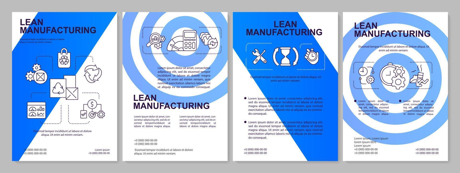 Lean manufacturing blue brochure template. Production process. Leaflet design with linear icons. 4 vector layouts for presentation, annual reports.