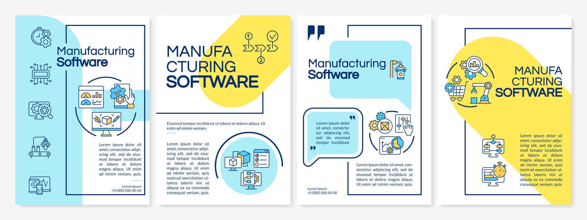 Manufacturing software blue, yellow brochure template. Automated system. Leaflet design with linear icons. 4 vector layouts for presentation, annual reports.