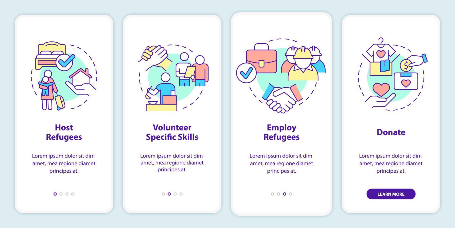 Helping and supporting refugees onboarding mobile app screen. Walkthrough 4 steps graphic instructions pages with linear concepts. UI, UX, GUI template. vector